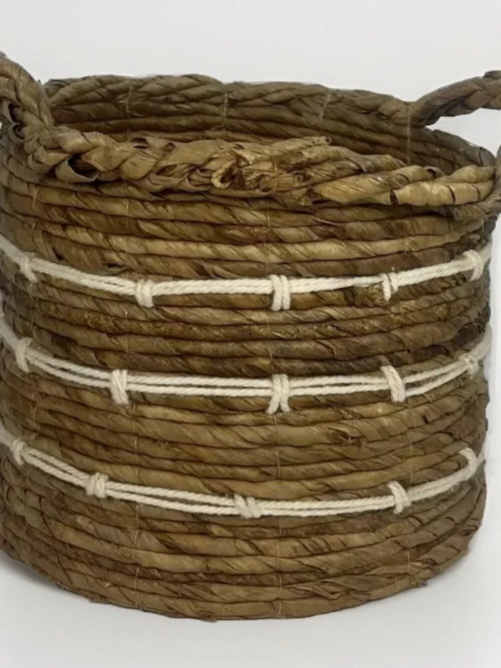 Woven Banana Leaf Coiled Basket 2 Handles- Rustic Boho Planter String Detail
